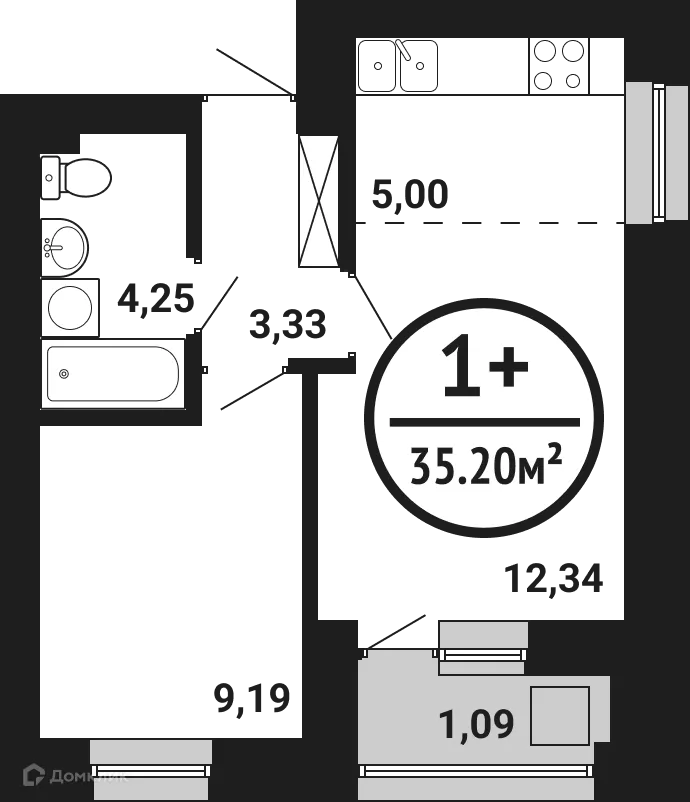 Планировка 1-комнатной квартиры 35.2 м² в ЖК Цветы Башкирии, г. Уфа — фото 1