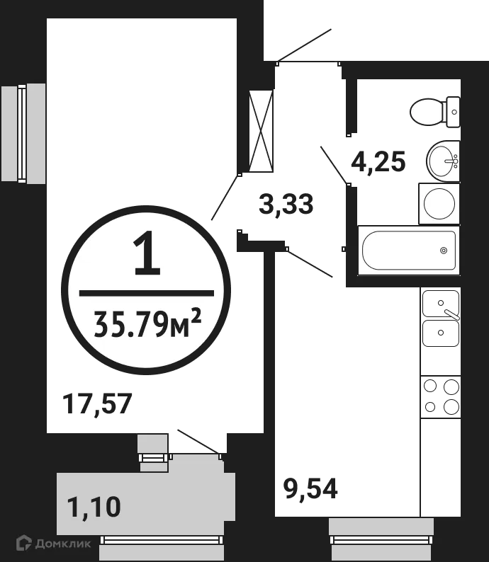 Планировка 1-комнатной квартиры 35.79 м² в ЖК Цветы Башкирии, г. Уфа — фото 1