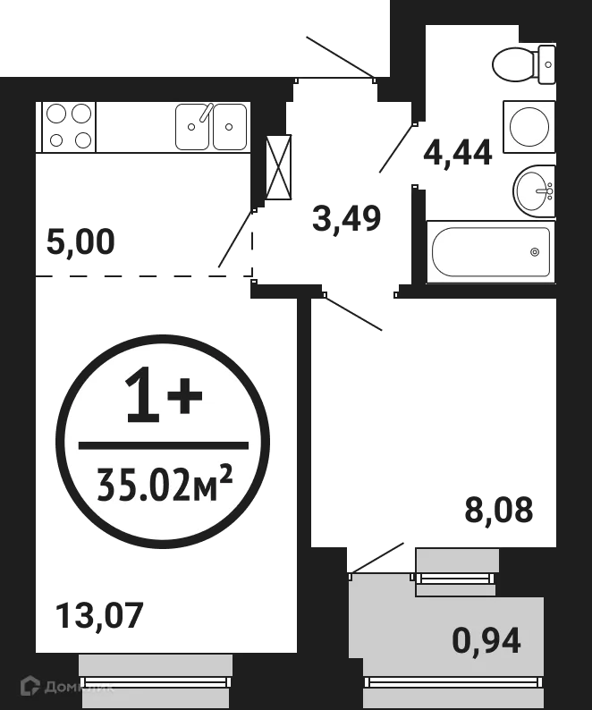 Планировка 1-комнатной квартиры 35.02 м² в ЖК Цветы Башкирии, г. Уфа — фото 1