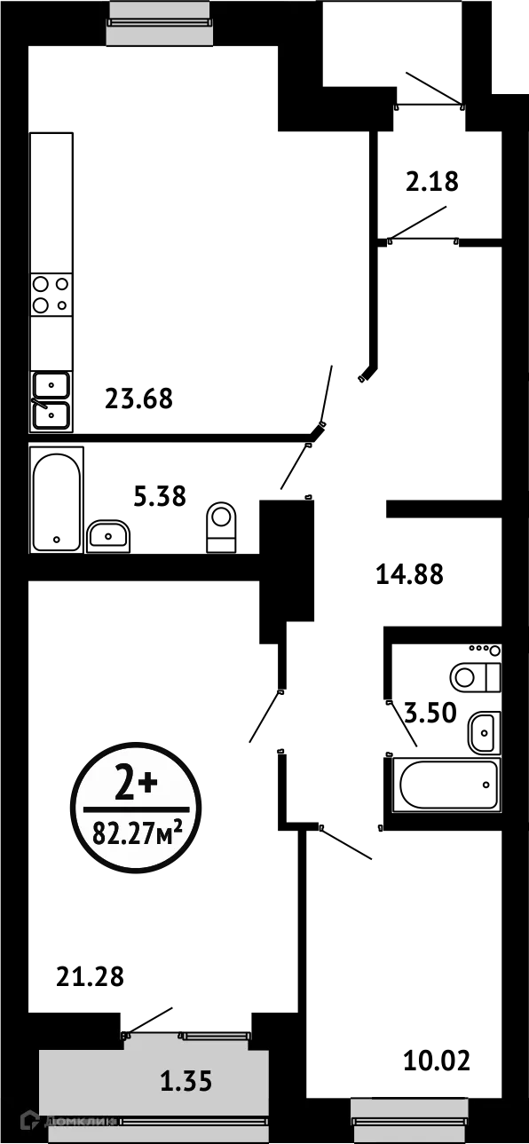 Планировка 2-комнатной квартиры 82.27 м² в ЖК Цветы Башкирии, г. Уфа — фото 1