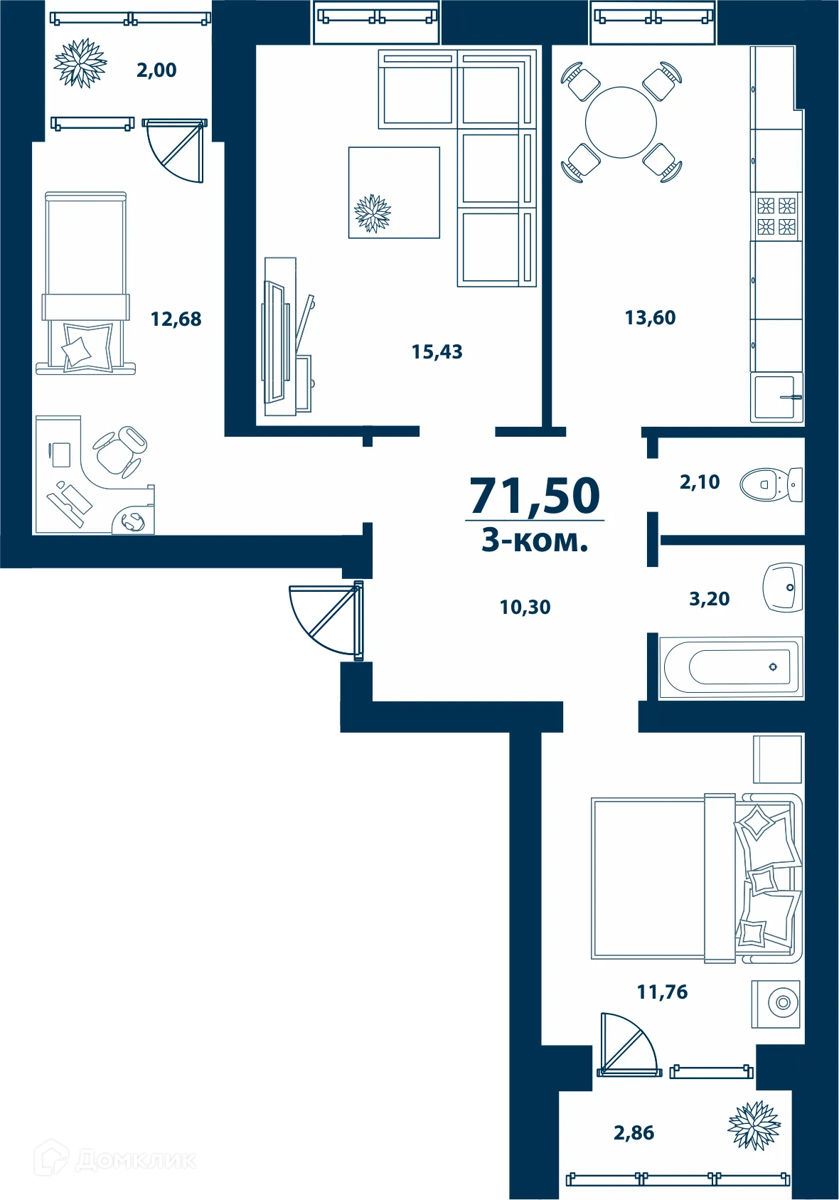 Планировка 3-комнатной квартиры 71.5 м² в ЖК Город Природы, г. Уфа — фото 1