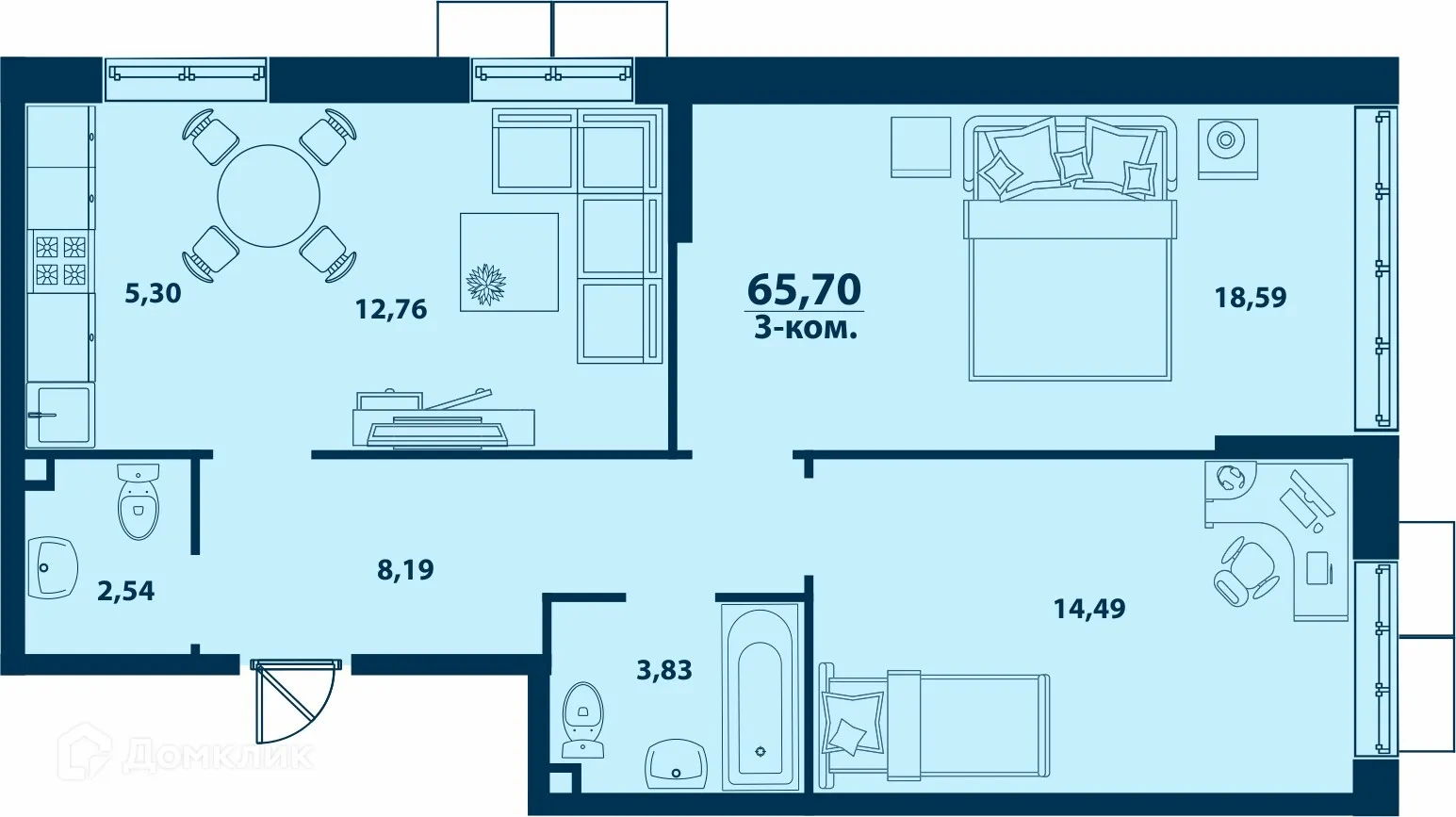 Планировка 3-комнатной квартиры 65.7 м² в ЖК Город Природы, г. Уфа — фото 1
