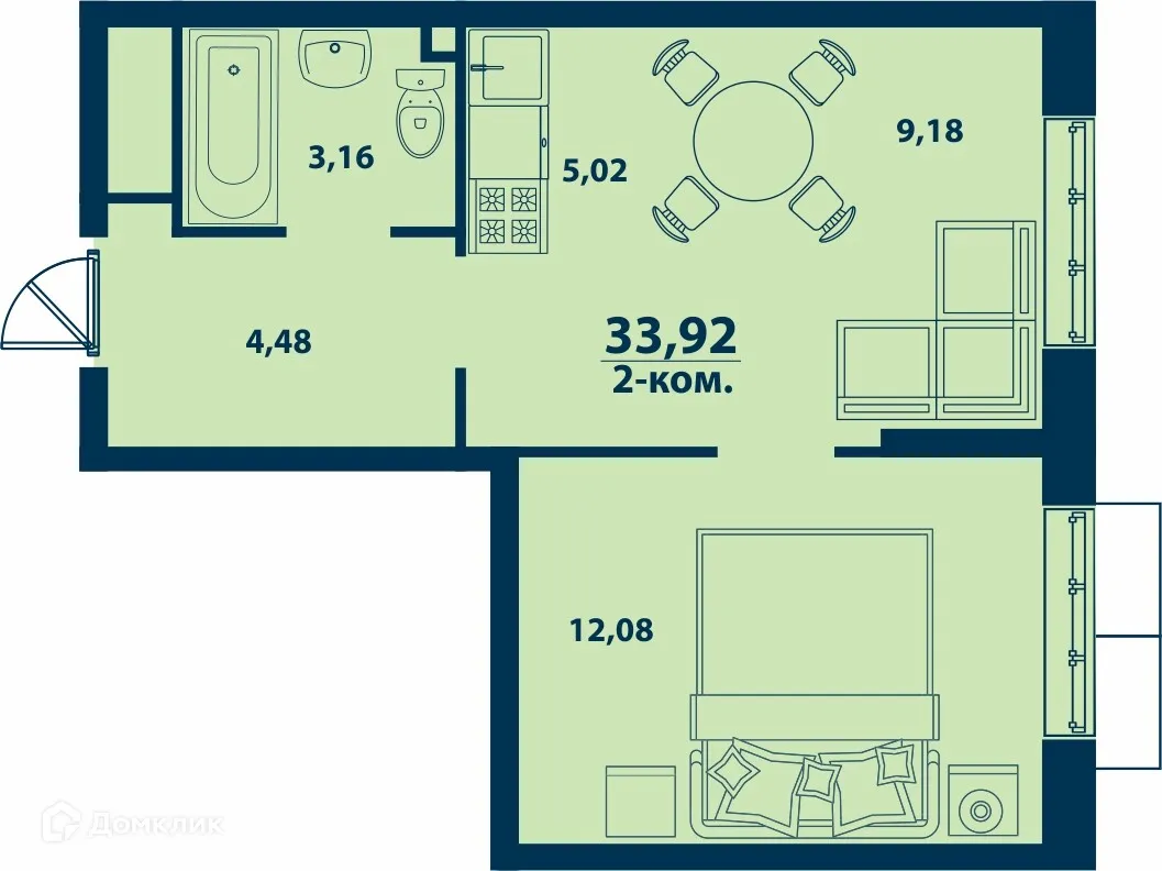 Планировка 2-комнатной квартиры 33.92 м² в ЖК Город Природы, г. Уфа — фото 1
