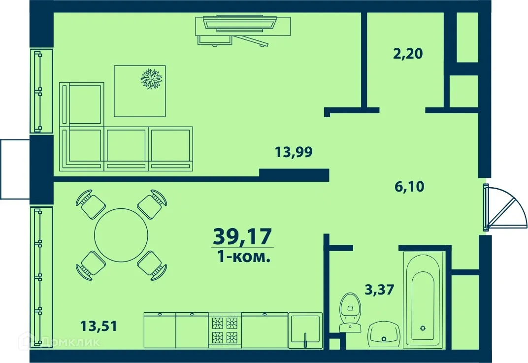 Планировка 1-комнатной квартиры 39.17 м² в ЖК Город Природы, г. Уфа — фото 1