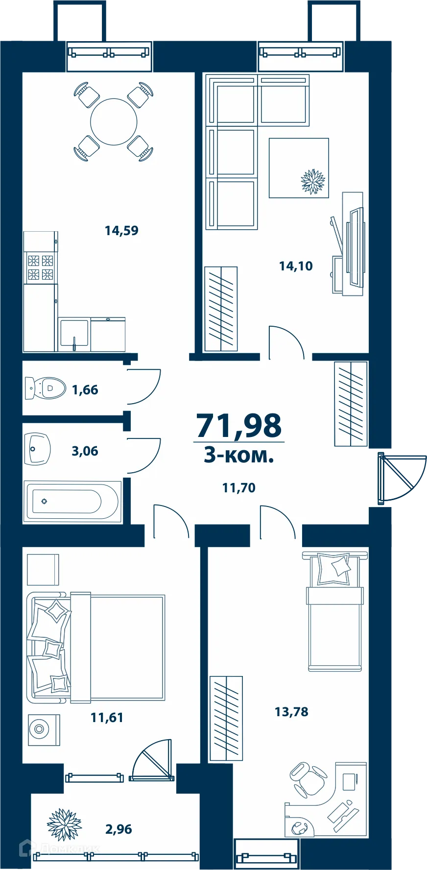 Планировка 3-комнатной квартиры 71.98 м² в ЖК Город Природы, г. Уфа — фото 1