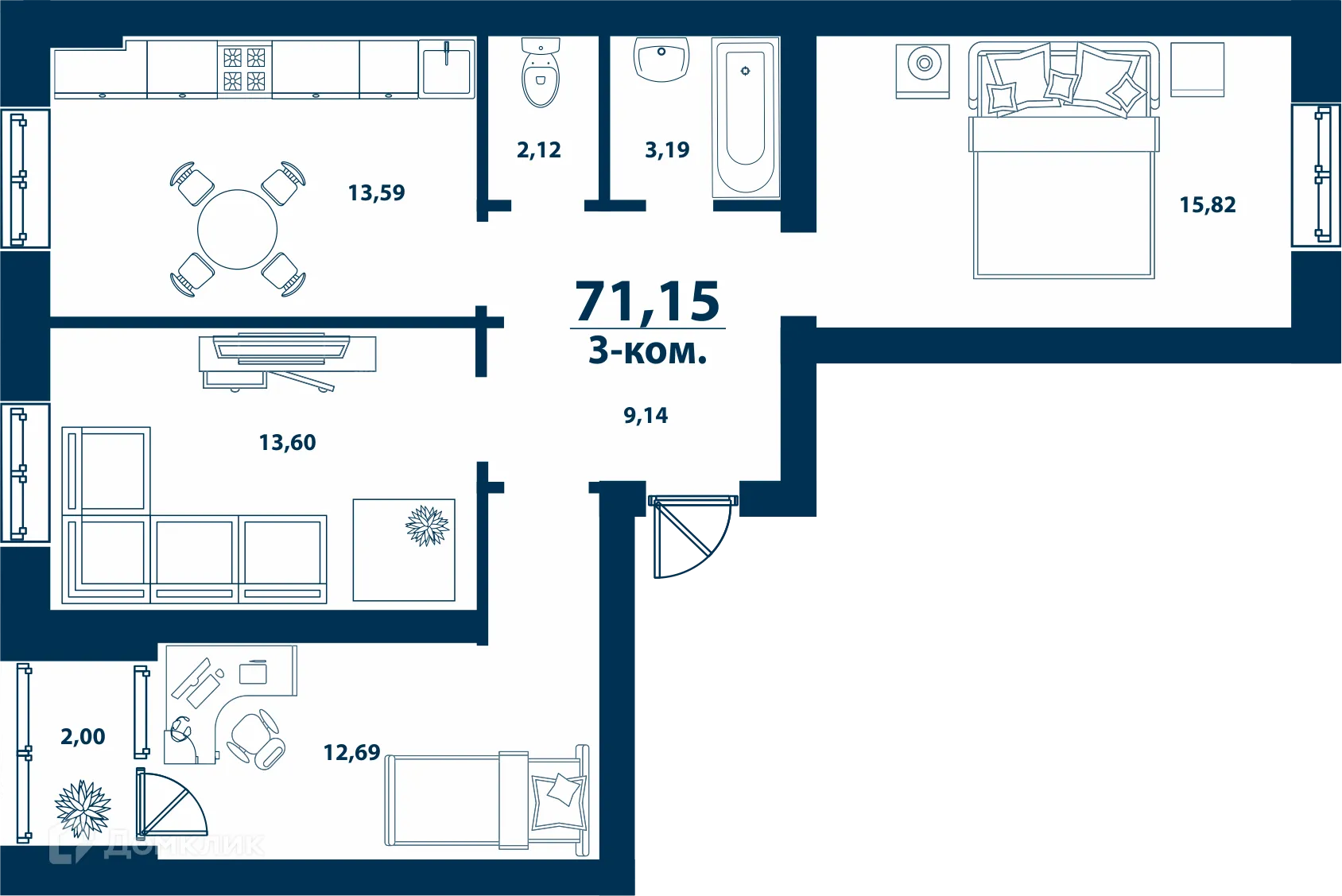 Планировка 3-комнатной квартиры 71.15 м² в ЖК Город Природы, г. Уфа — фото 1