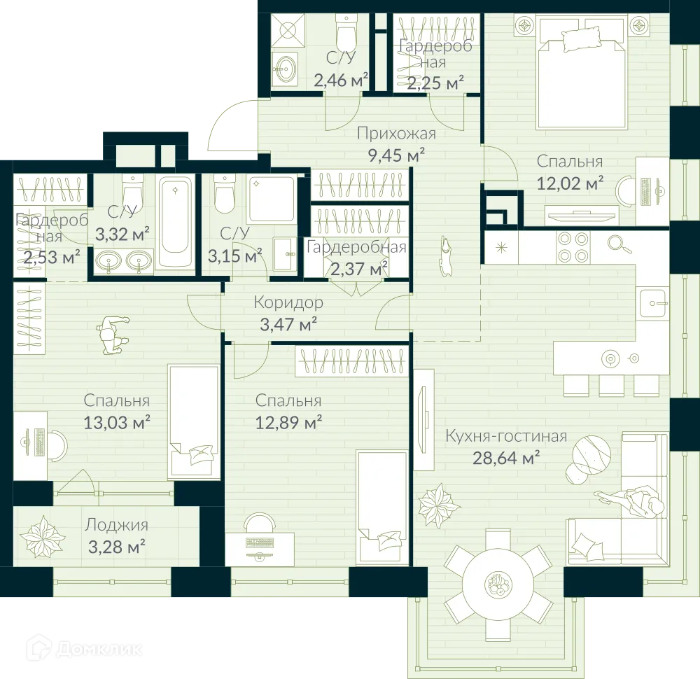 Планировка 4-комнатной квартиры 97.22 м² в ЖК URMAN Сity (Урман Сити), г. Уфа — фото 1