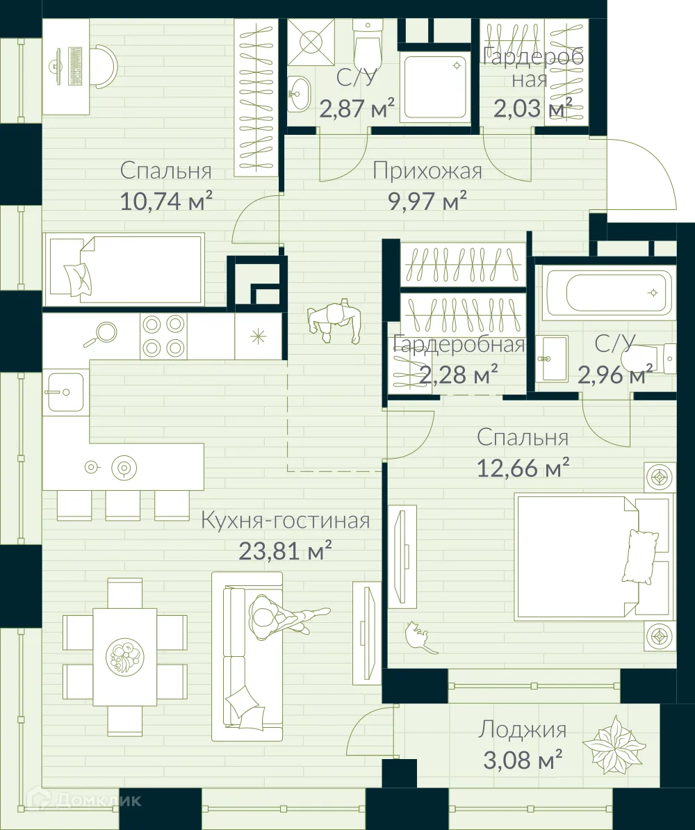 Планировка 3-комнатной квартиры 68.86 м² в ЖК URMAN Сity (Урман Сити), г. Уфа — фото 1