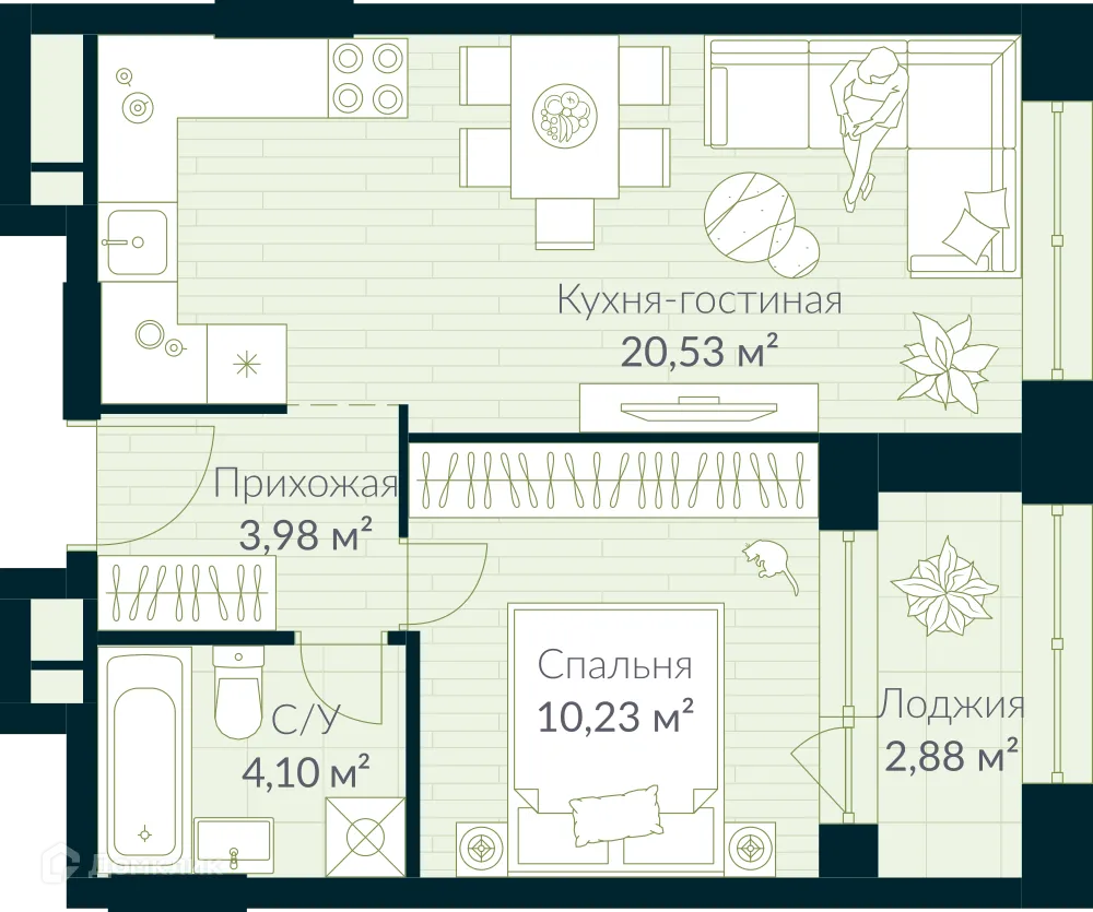 Планировка 1-комнатной квартиры 40.28 м² в ЖК URMAN Сity (Урман Сити), г. Уфа — фото 1