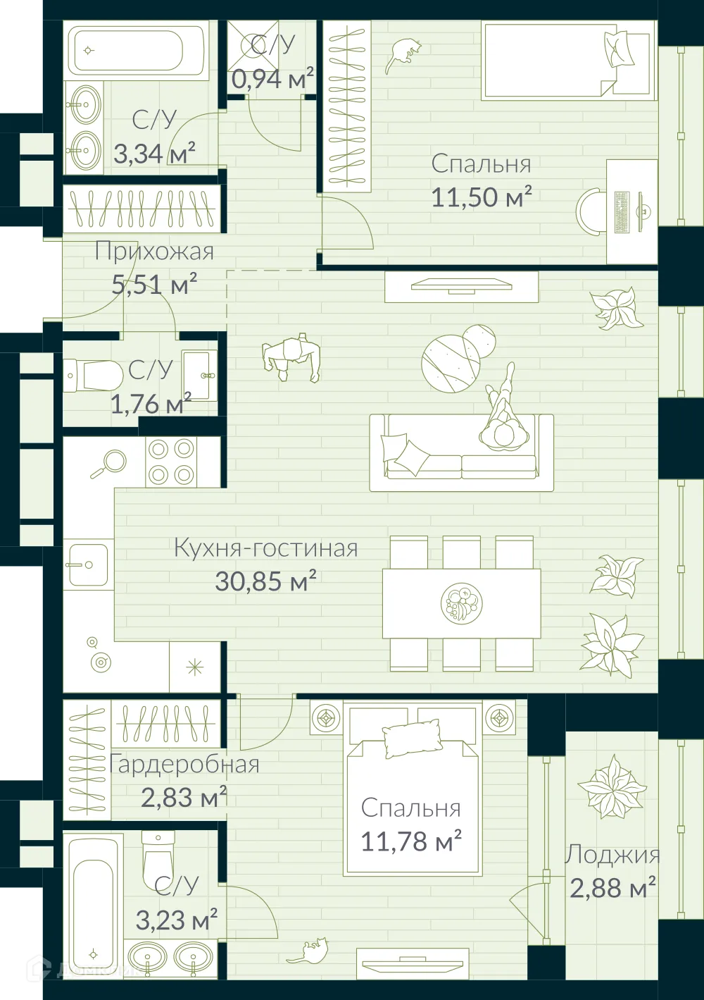 Планировка 1-комнатной квартиры 73.18 м² в ЖК URMAN Сity (Урман Сити), г. Уфа — фото 1