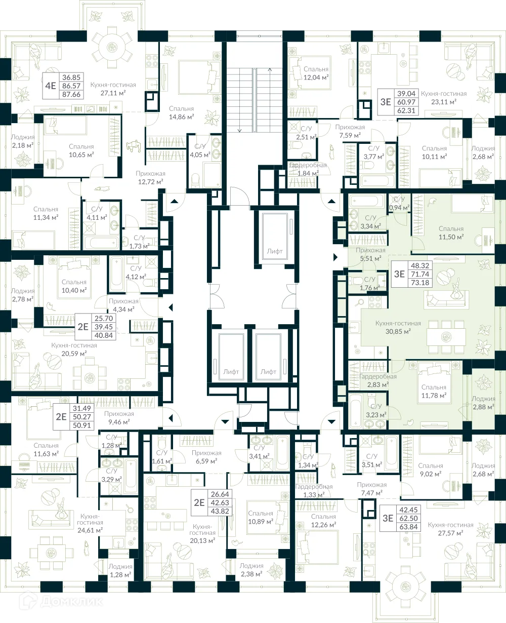 Планировка 1-комнатной квартиры 73.18 м² в ЖК URMAN Сity (Урман Сити), г. Уфа — фото 2