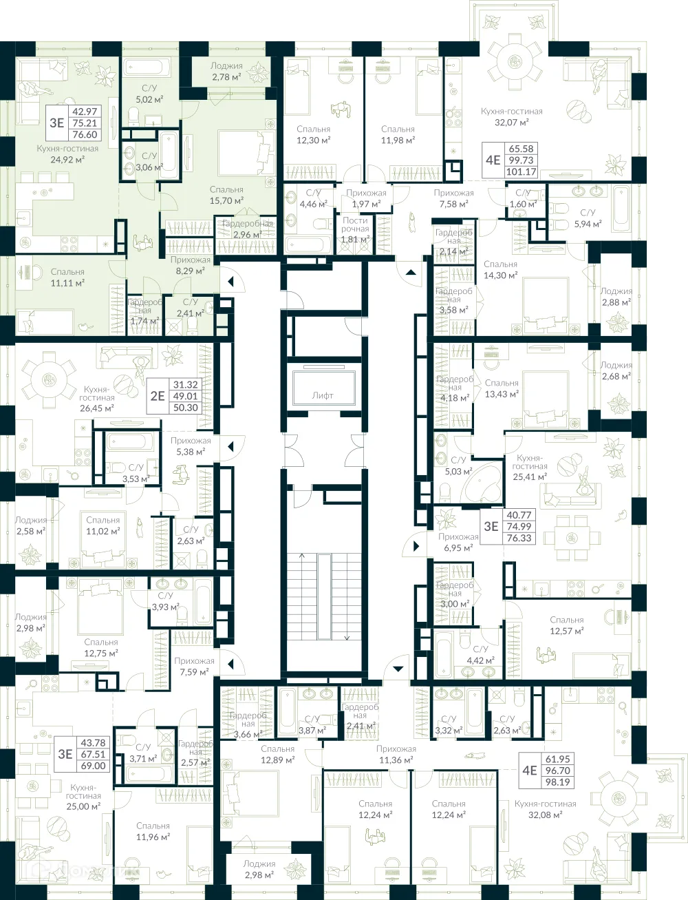 Планировка 3-комнатной квартиры 76.6 м² в ЖК URMAN Сity (Урман Сити), г. Уфа — фото 2