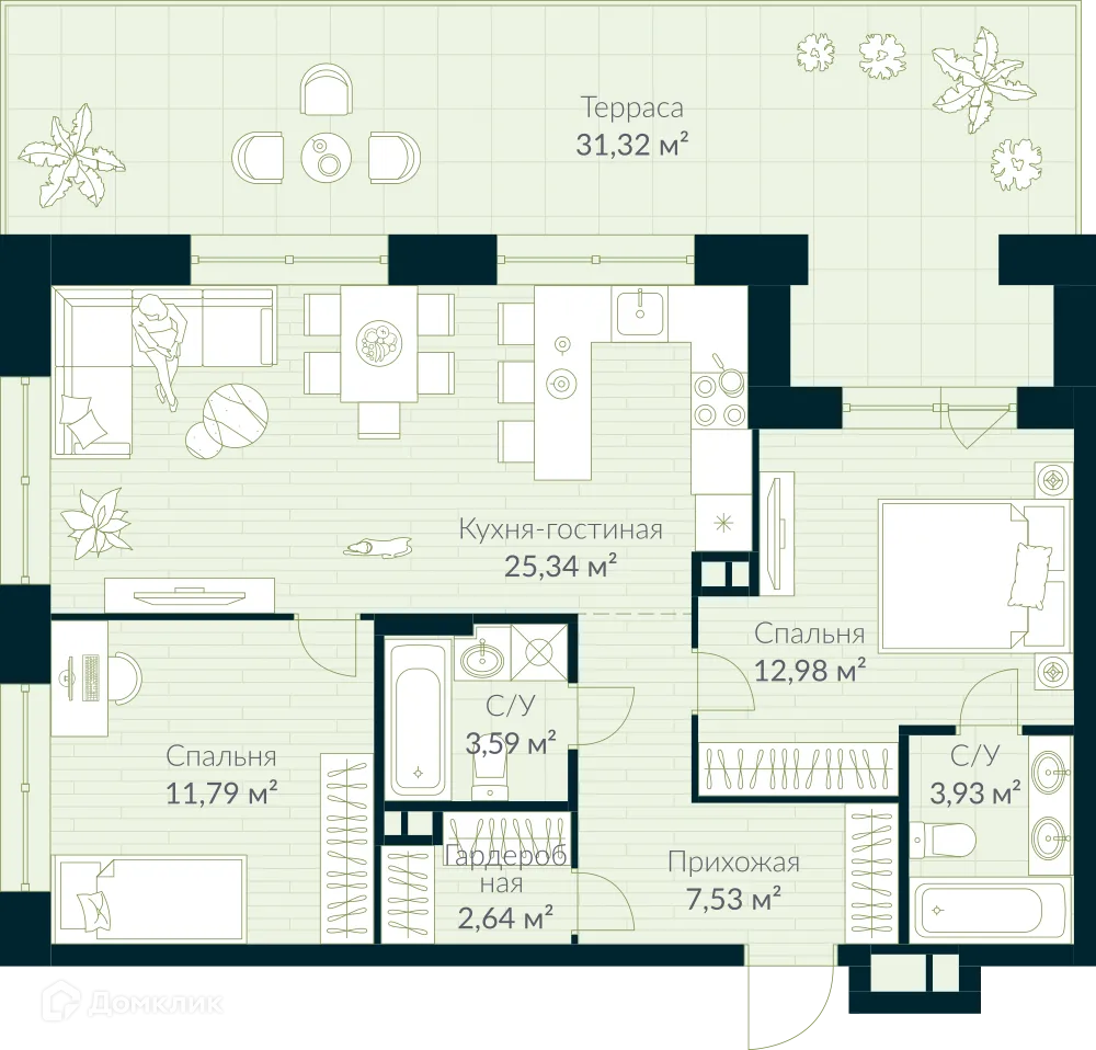 Планировка 3-комнатной квартиры 77.2 м² в ЖК URMAN Сity (Урман Сити), г. Уфа — фото 1