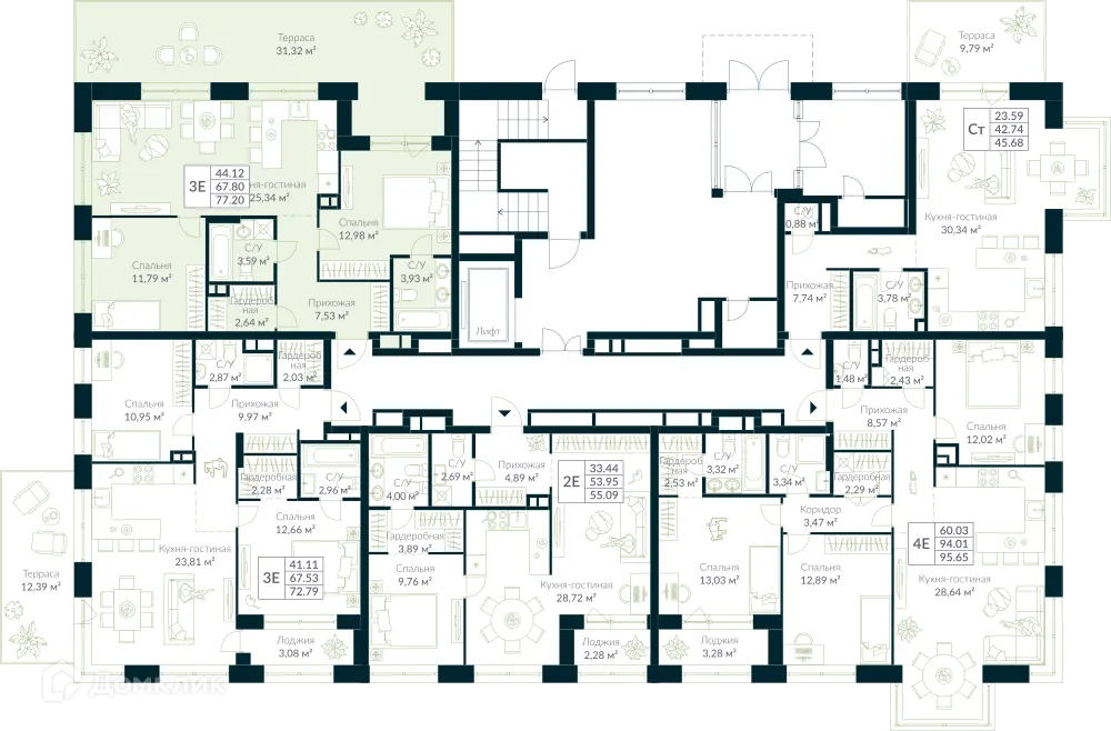 Планировка 3-комнатной квартиры 77.2 м² в ЖК URMAN Сity (Урман Сити), г. Уфа — фото 2