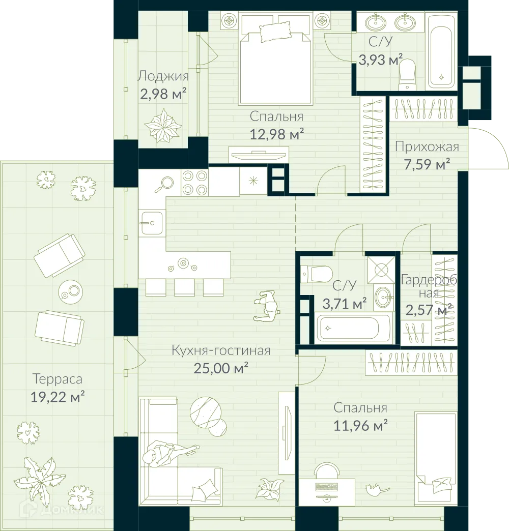 Планировка 3-комнатной квартиры 75 м² в ЖК URMAN Сity (Урман Сити), г. Уфа — фото 1