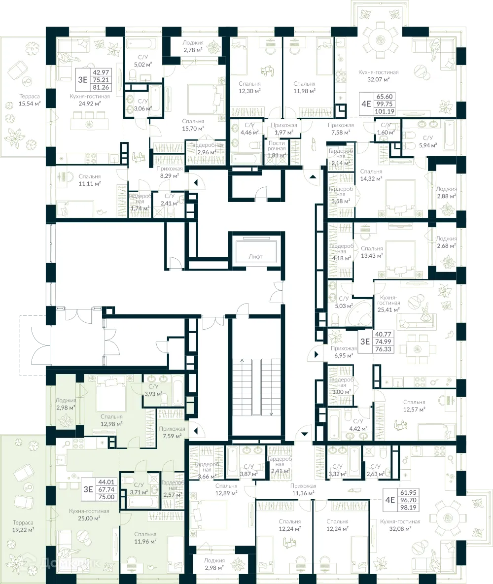Планировка 3-комнатной квартиры 75 м² в ЖК URMAN Сity (Урман Сити), г. Уфа — фото 2