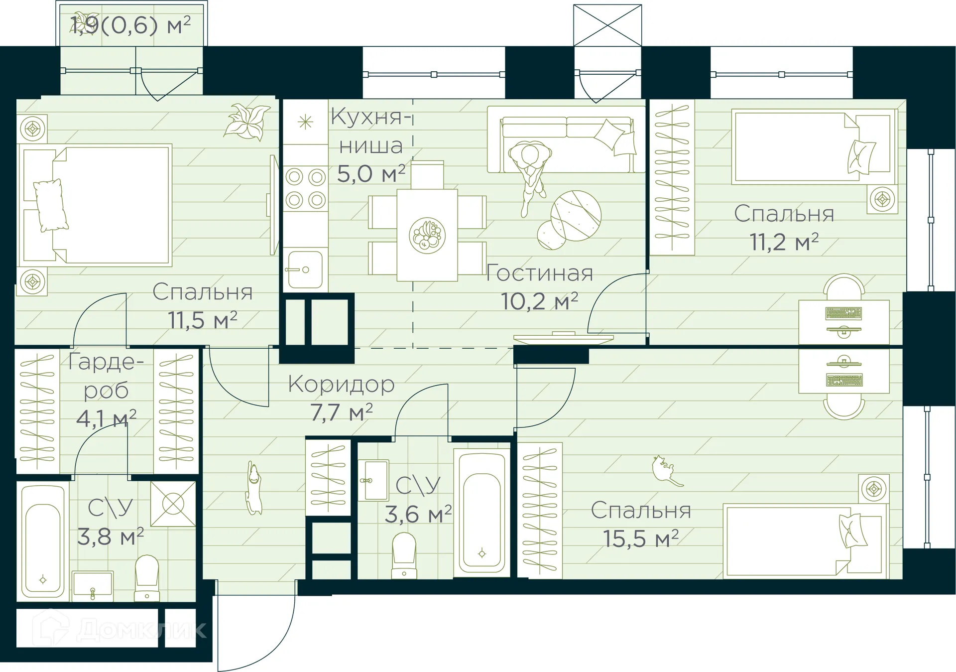 Планировка 4-комнатной квартиры 73.3 м² в ЖК URMAN Сity (Урман Сити), г. Уфа — фото 1