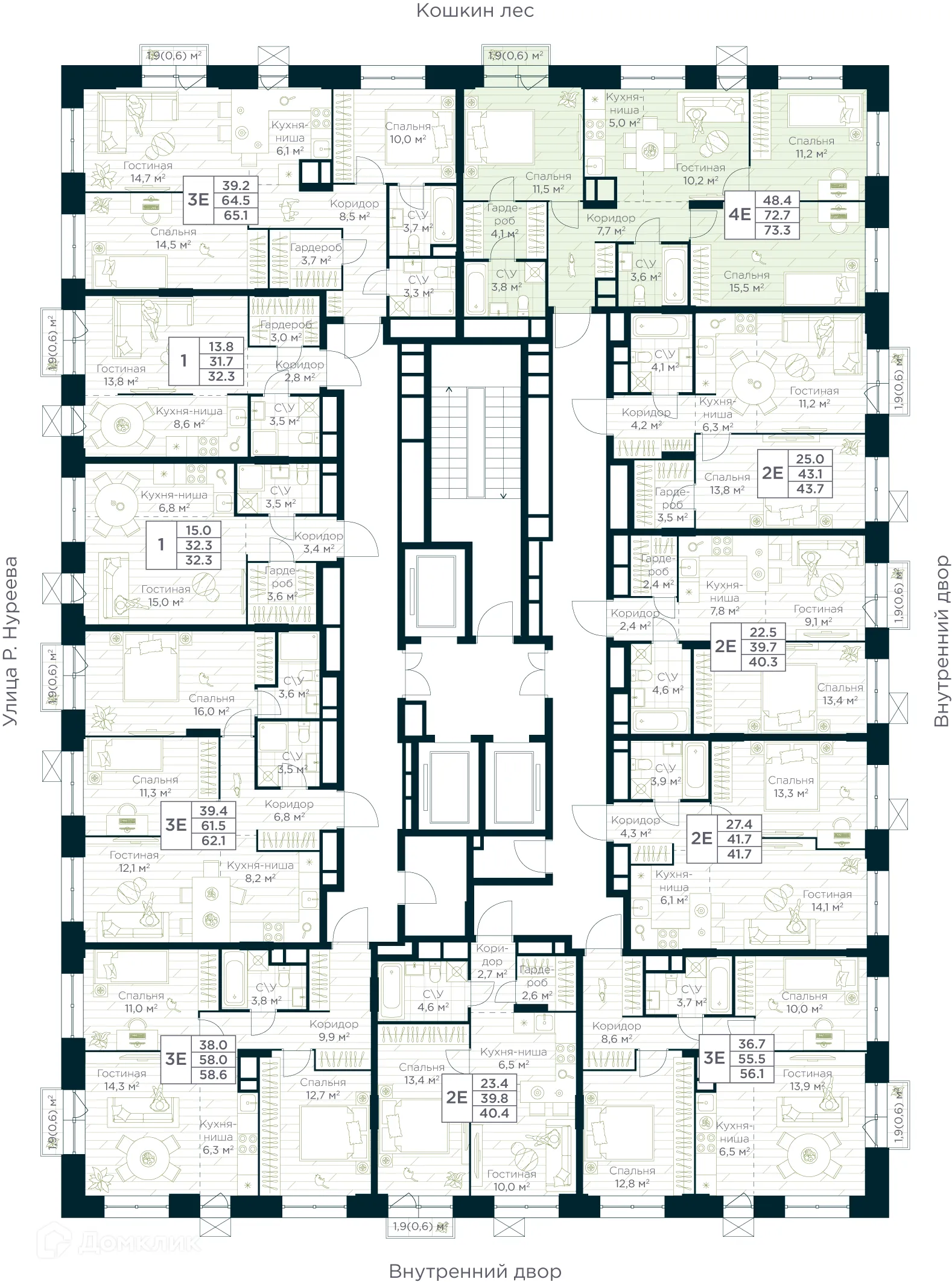 Планировка 4-комнатной квартиры 73.3 м² в ЖК URMAN Сity (Урман Сити), г. Уфа — фото 2
