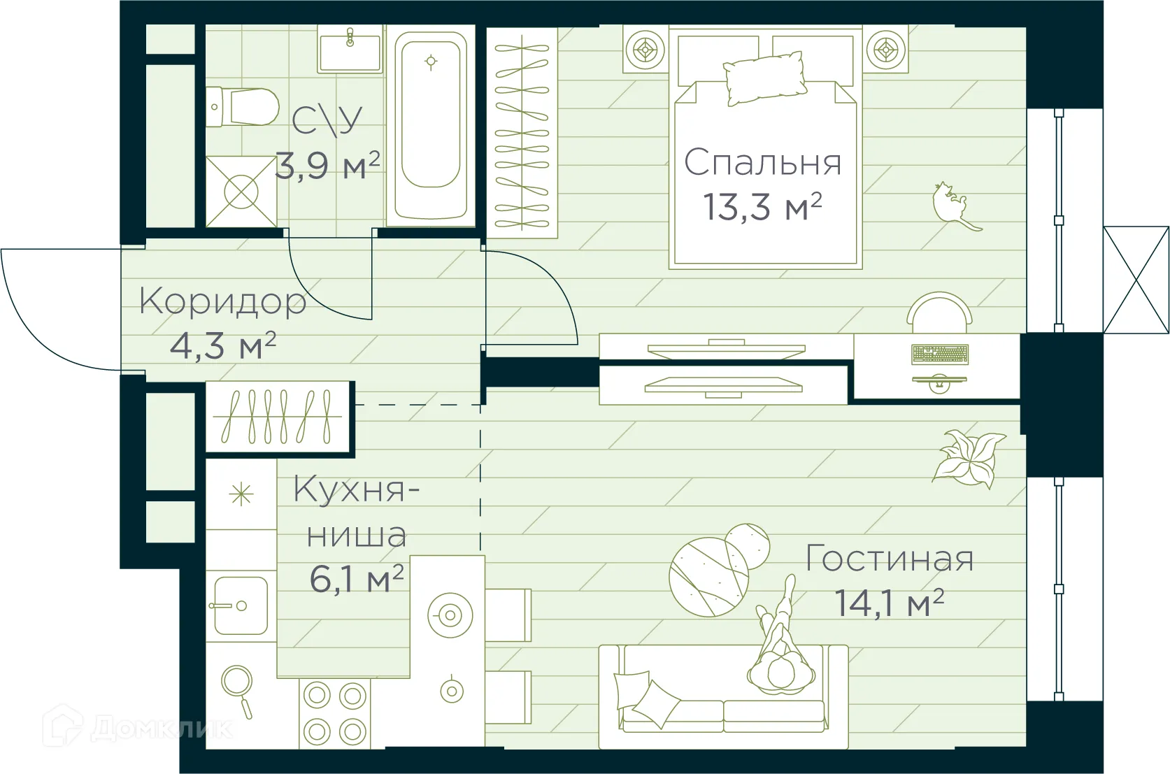 Планировка 2-комнатной квартиры 41.7 м² в ЖК URMAN Сity (Урман Сити), г. Уфа — фото 1