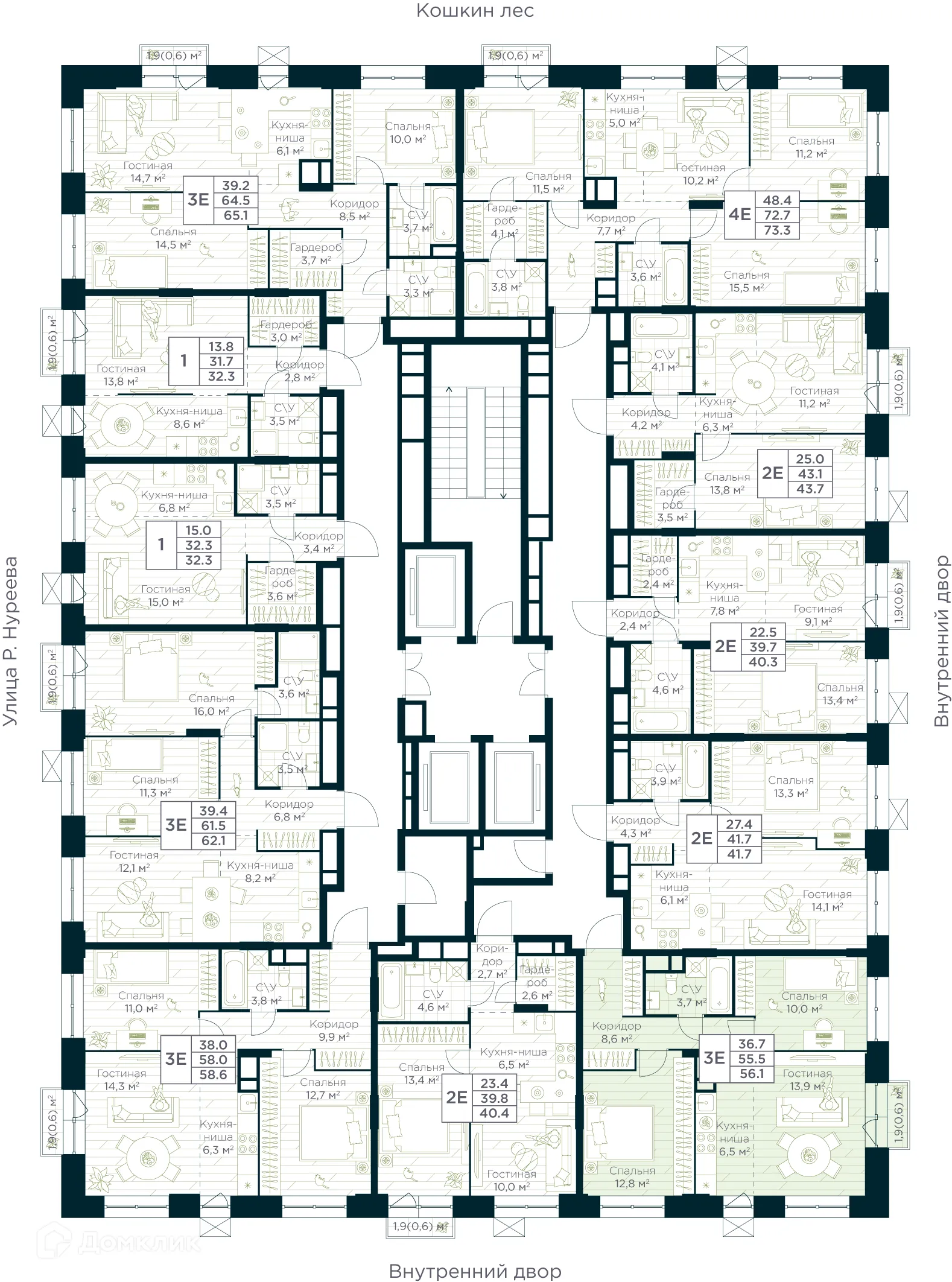Планировка 3-комнатной квартиры 56.1 м² в ЖК URMAN Сity (Урман Сити), г. Уфа — фото 2