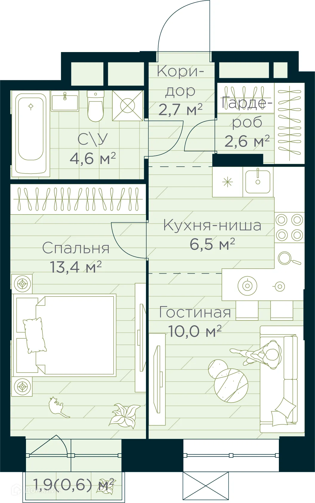 Планировка 2-комнатной квартиры 40.4 м² в ЖК URMAN Сity (Урман Сити), г. Уфа — фото 1