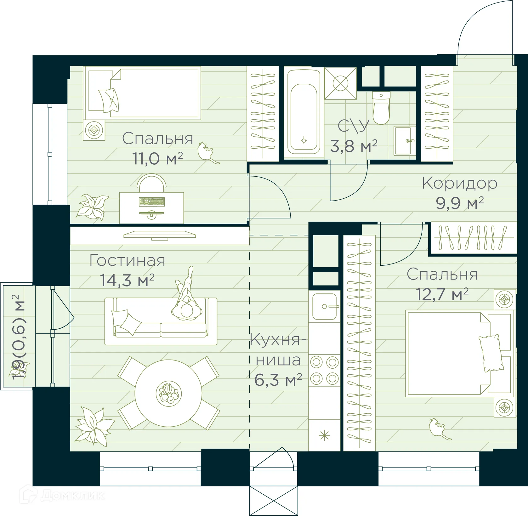 Планировка 3-комнатной квартиры 58.6 м² в ЖК URMAN Сity (Урман Сити), г. Уфа — фото 1