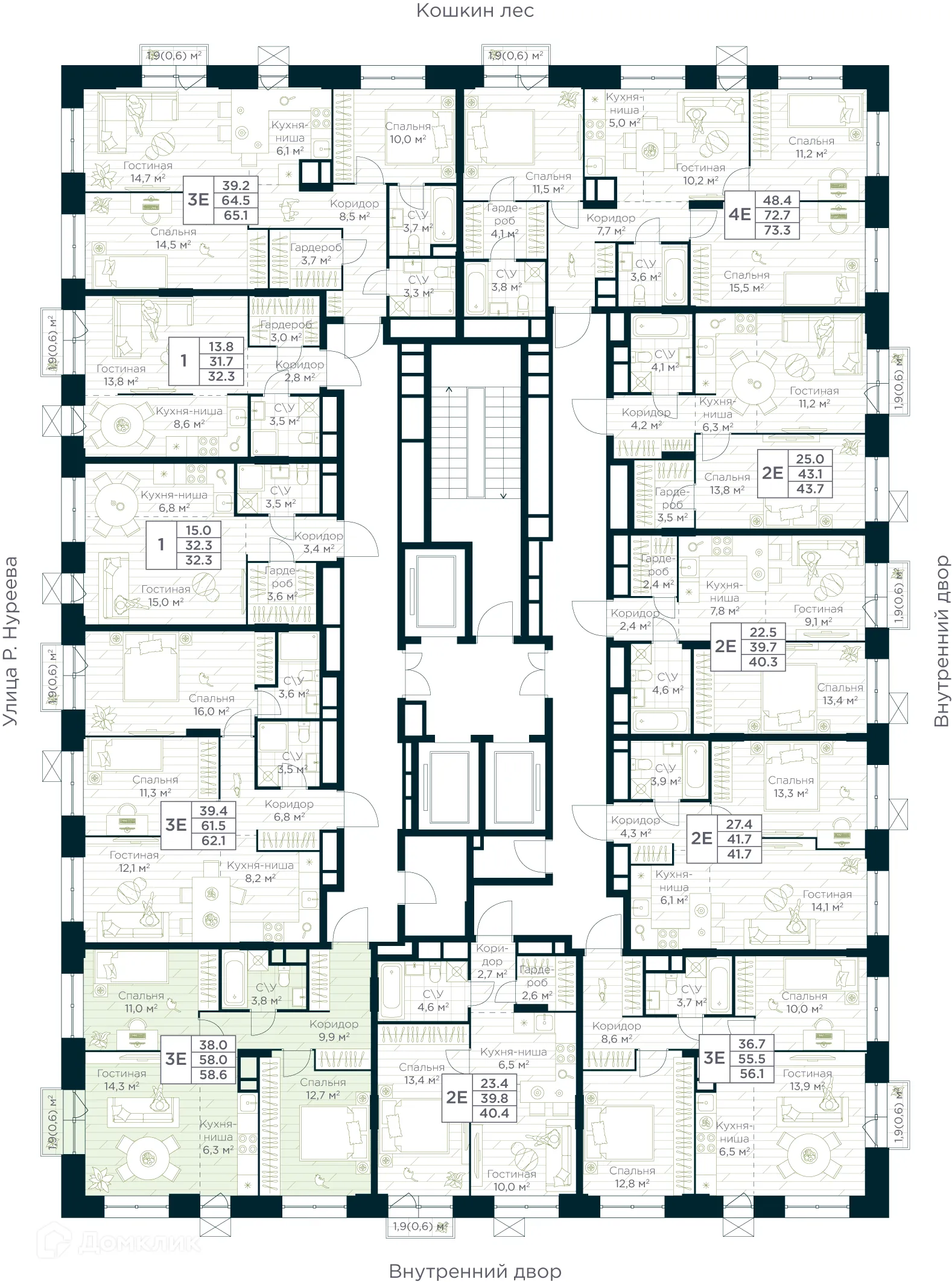 Планировка 3-комнатной квартиры 58.6 м² в ЖК URMAN Сity (Урман Сити), г. Уфа — фото 2
