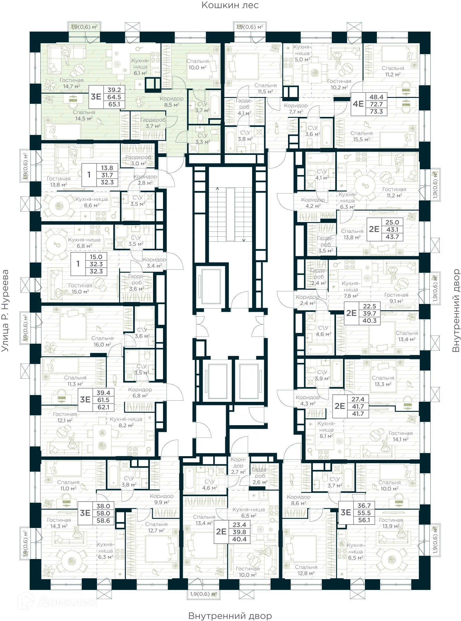 Планировка 3-комнатной квартиры 65.1 м² в ЖК URMAN Сity (Урман Сити), г. Уфа — фото 2