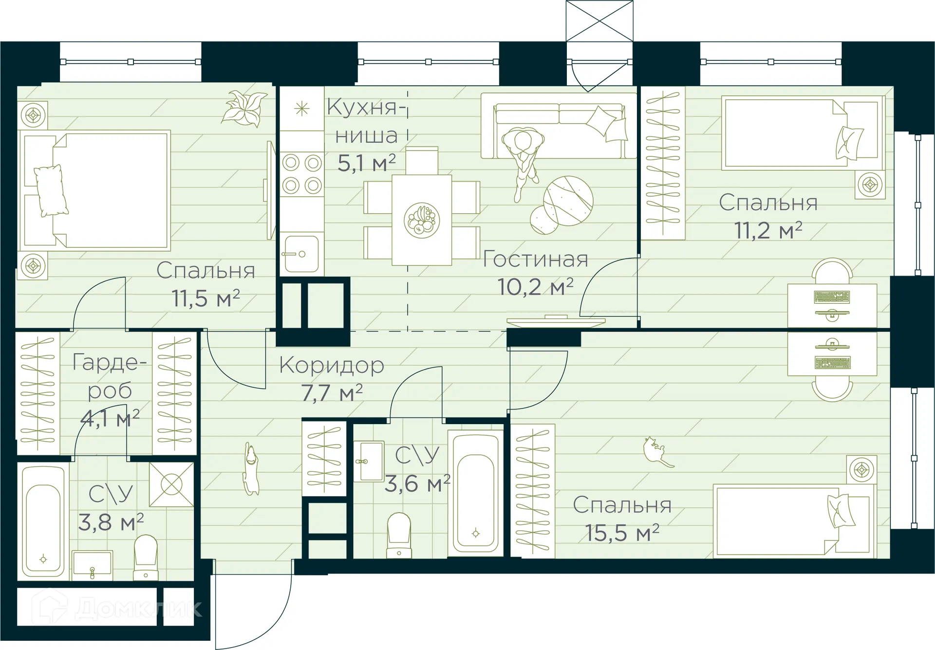 Планировка 4-комнатной квартиры 72.7 м² в ЖК URMAN Сity (Урман Сити), г. Уфа — фото 1