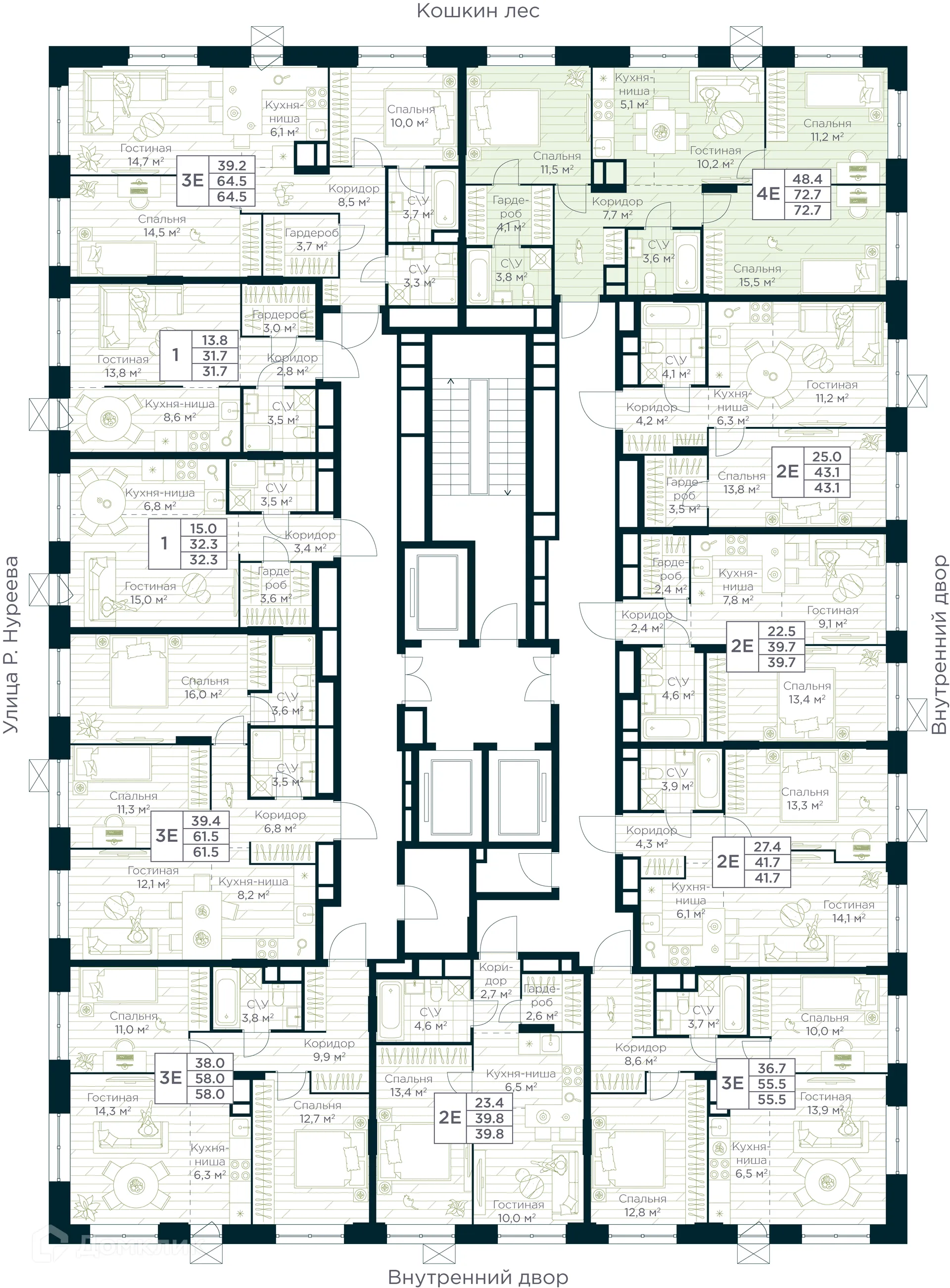 Планировка 4-комнатной квартиры 72.7 м² в ЖК URMAN Сity (Урман Сити), г. Уфа — фото 2