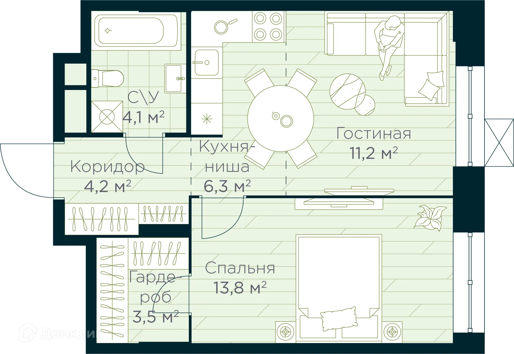Планировка 2-комнатной квартиры 43.1 м² в ЖК URMAN Сity (Урман Сити), г. Уфа — фото 1