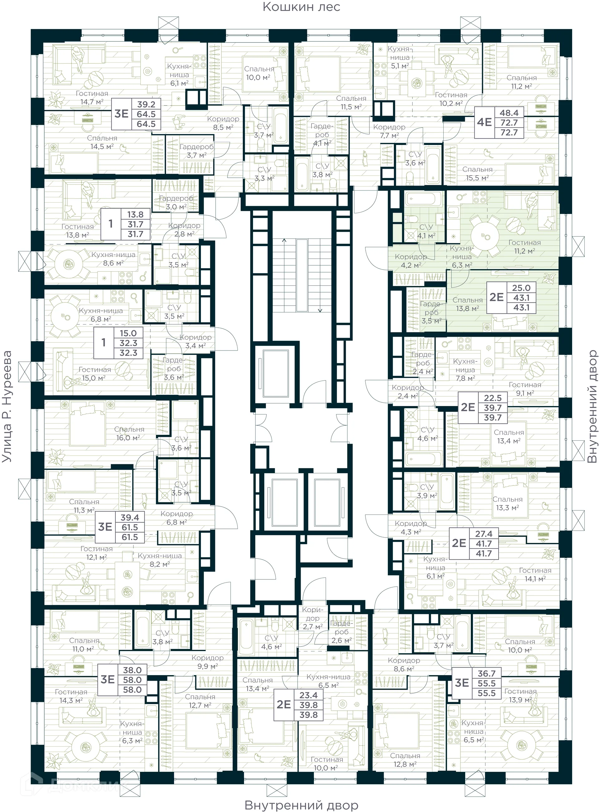 Планировка 2-комнатной квартиры 43.1 м² в ЖК URMAN Сity (Урман Сити), г. Уфа — фото 2