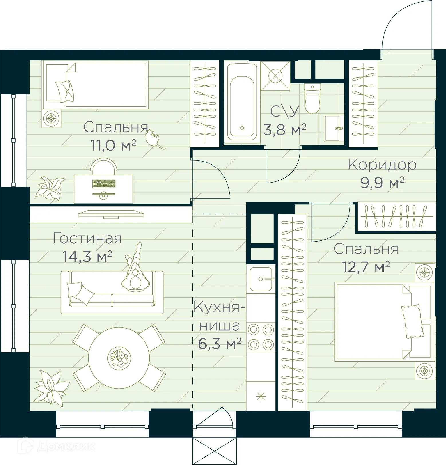 Планировка 3-комнатной квартиры 58 м² в ЖК URMAN Сity (Урман Сити), г. Уфа — фото 1
