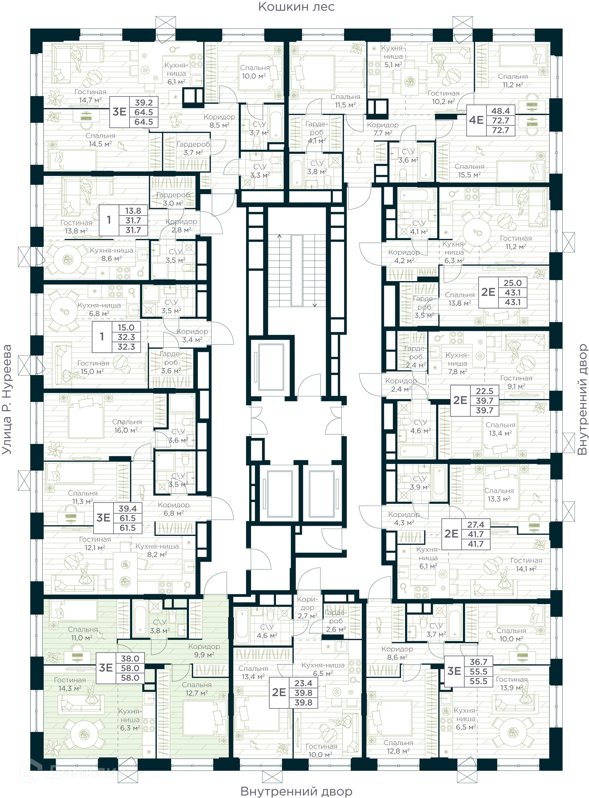 Планировка 3-комнатной квартиры 58 м² в ЖК URMAN Сity (Урман Сити), г. Уфа — фото 2