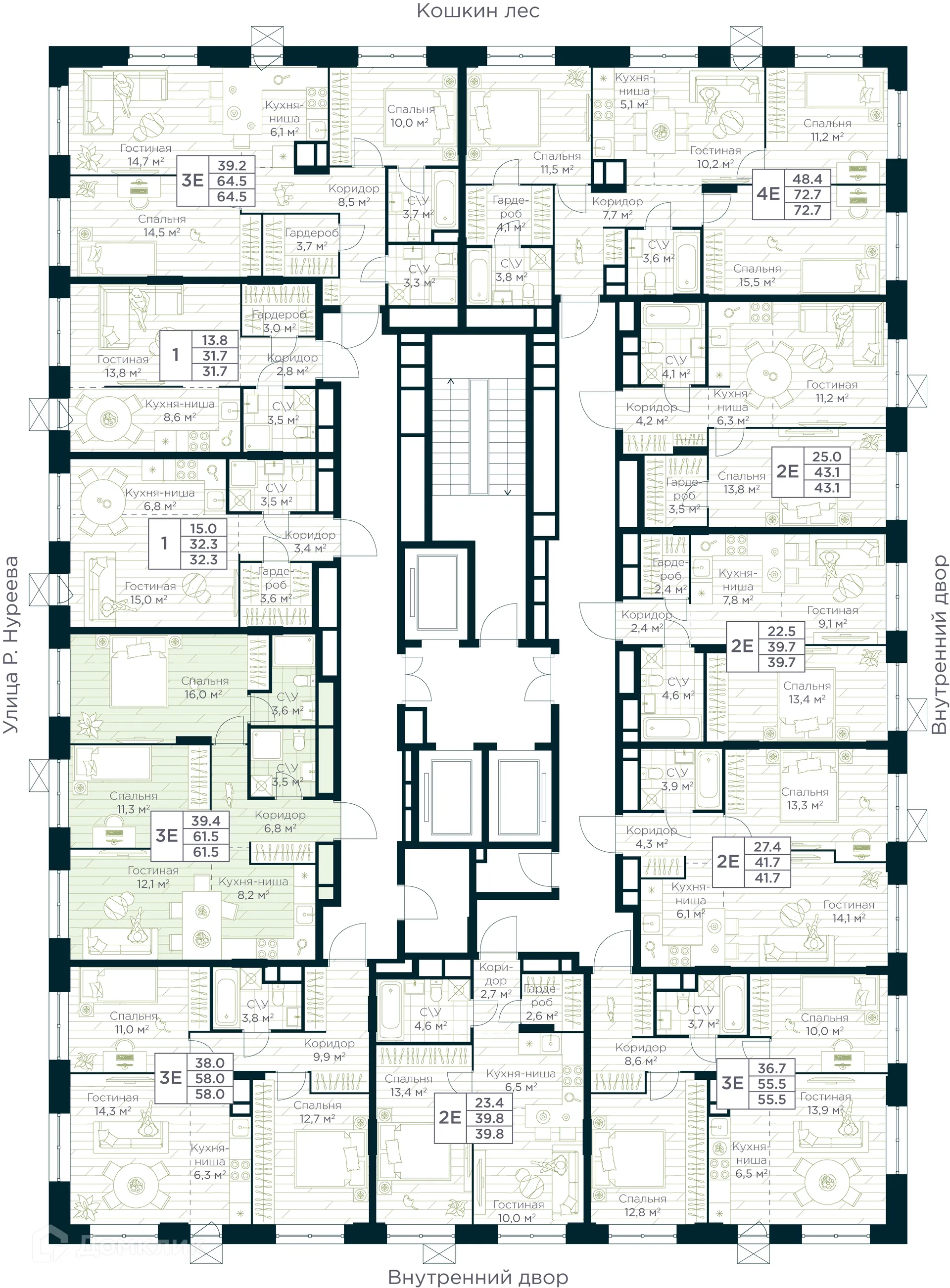 Планировка 3-комнатной квартиры 61.5 м² в ЖК URMAN Сity (Урман Сити), г. Уфа — фото 2
