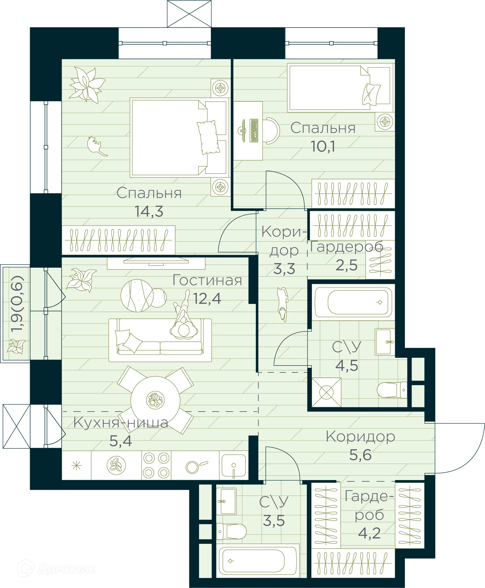 Планировка 3-комнатной квартиры 66.4 м² в ЖК URMAN Сity (Урман Сити), г. Уфа — фото 1