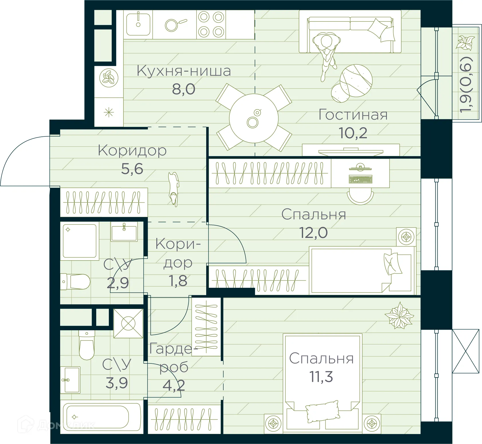 Планировка 3-комнатной квартиры 60.5 м² в ЖК URMAN Сity (Урман Сити), г. Уфа — фото 1