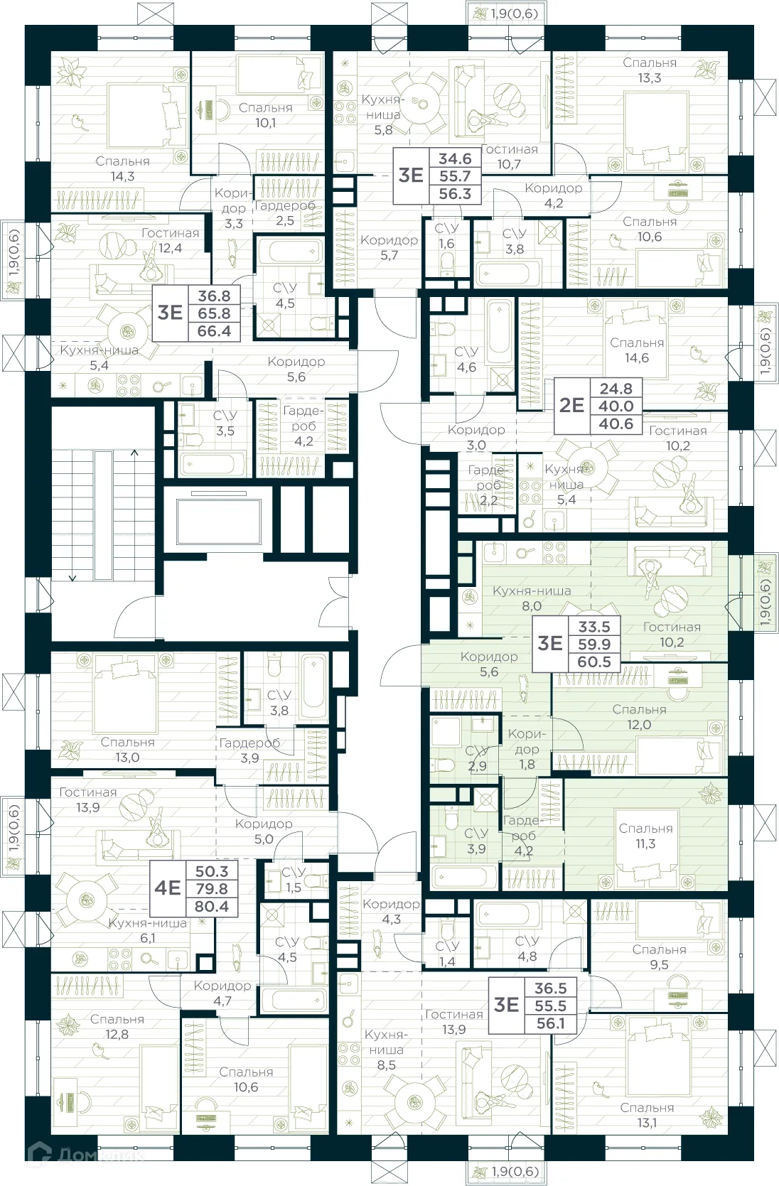Планировка 3-комнатной квартиры 60.5 м² в ЖК URMAN Сity (Урман Сити), г. Уфа — фото 2