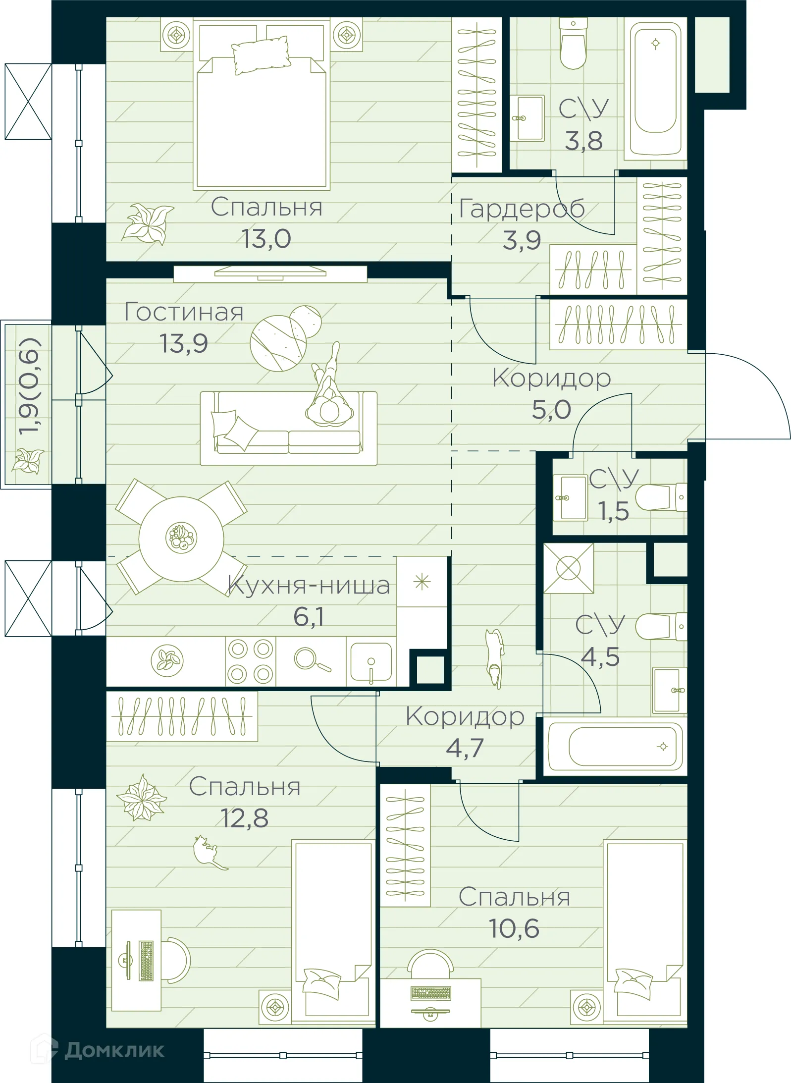 Планировка 4-комнатной квартиры 80.4 м² в ЖК URMAN Сity (Урман Сити), г. Уфа — фото 1