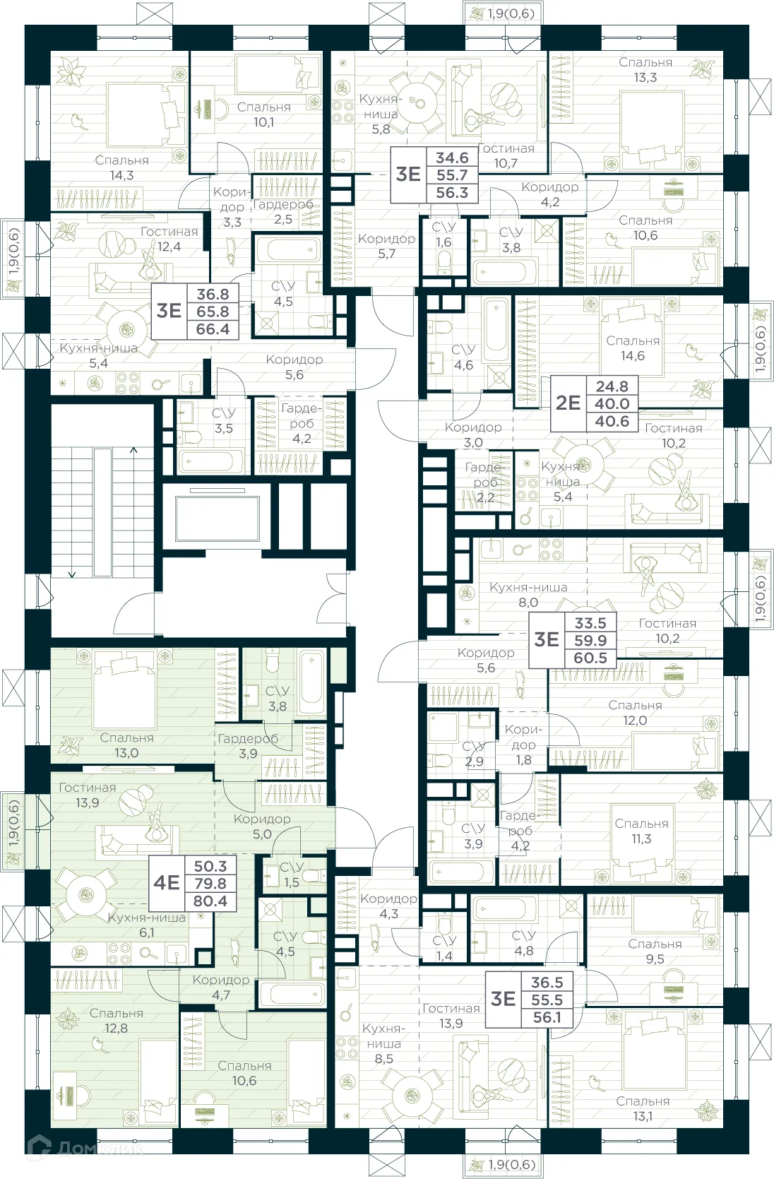 Планировка 4-комнатной квартиры 80.4 м² в ЖК URMAN Сity (Урман Сити), г. Уфа — фото 2