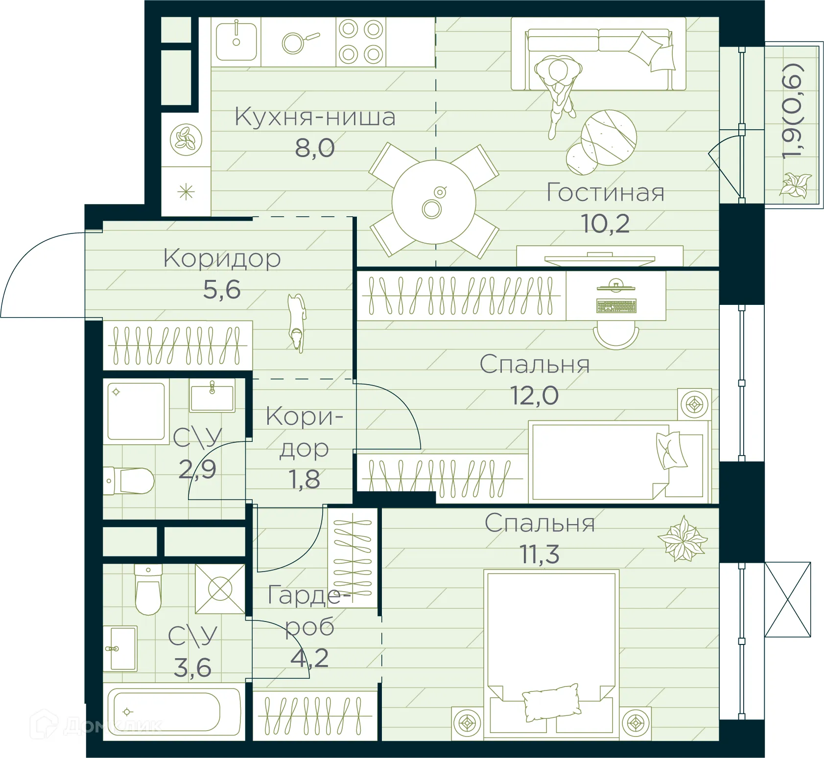 Планировка 3-комнатной квартиры 60.2 м² в ЖК URMAN Сity (Урман Сити), г. Уфа — фото 1