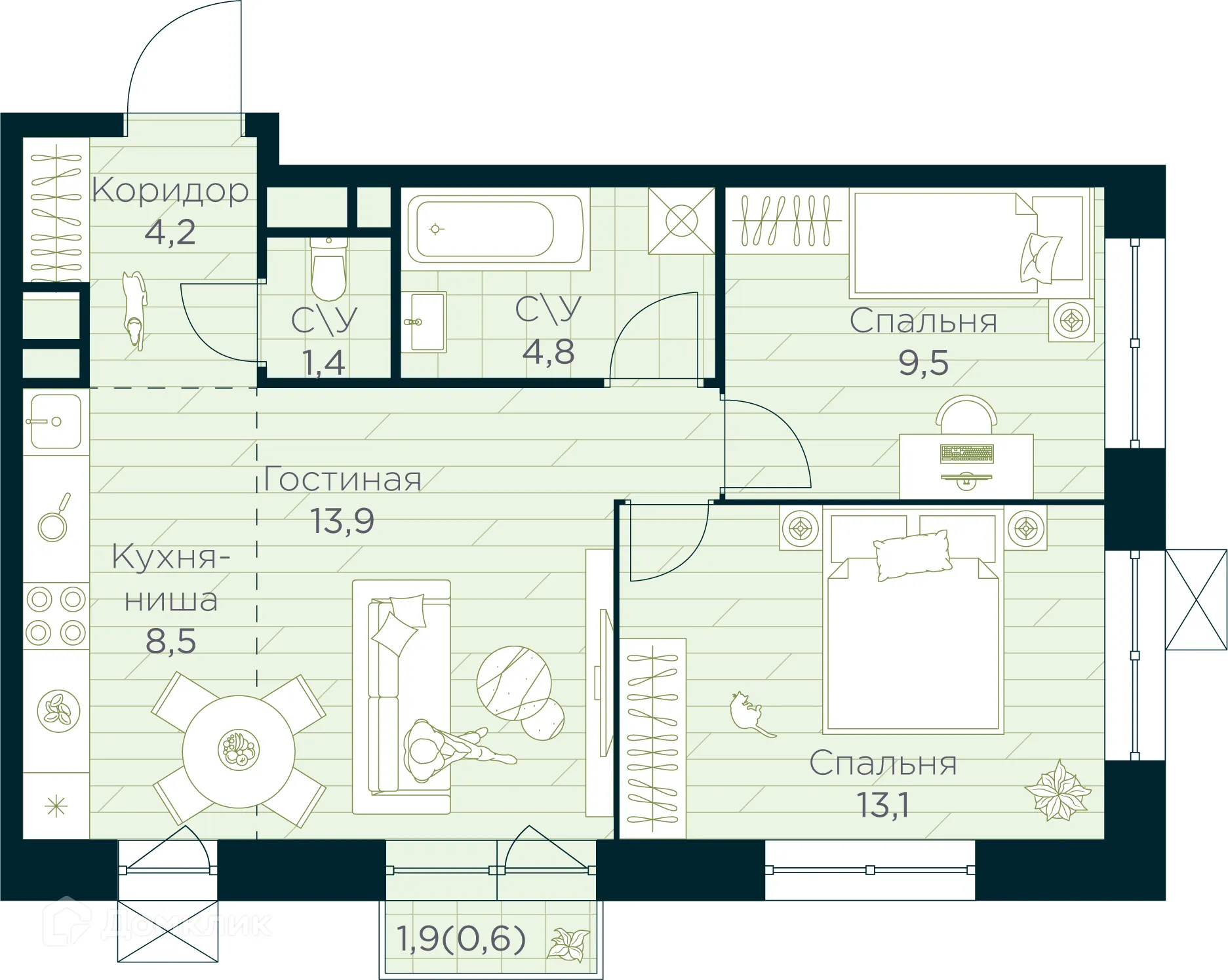 Планировка 3-комнатной квартиры 56 м² в ЖК URMAN Сity (Урман Сити), г. Уфа — фото 1