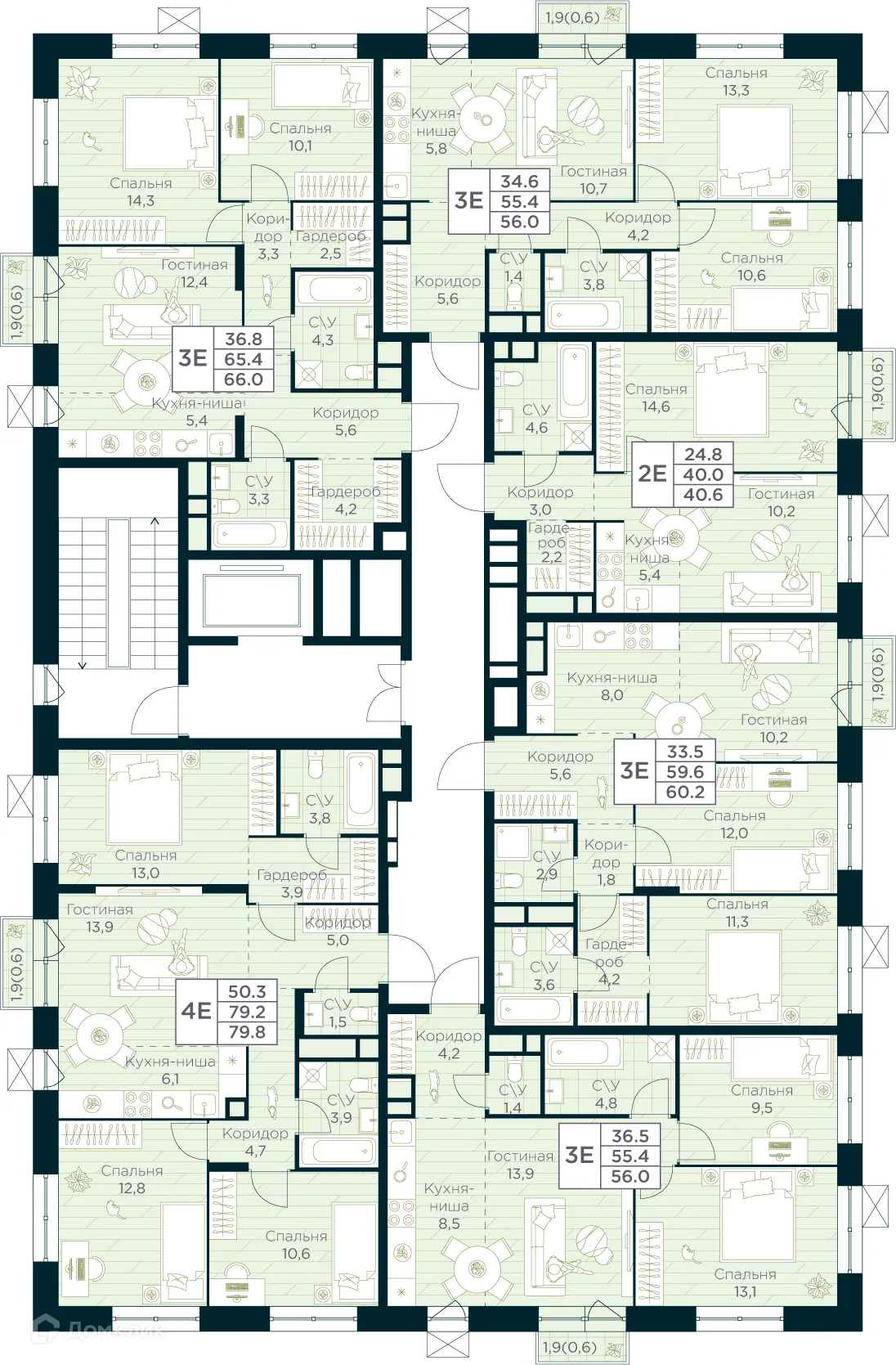 Планировка 3-комнатной квартиры 56 м² в ЖК URMAN Сity (Урман Сити), г. Уфа — фото 2