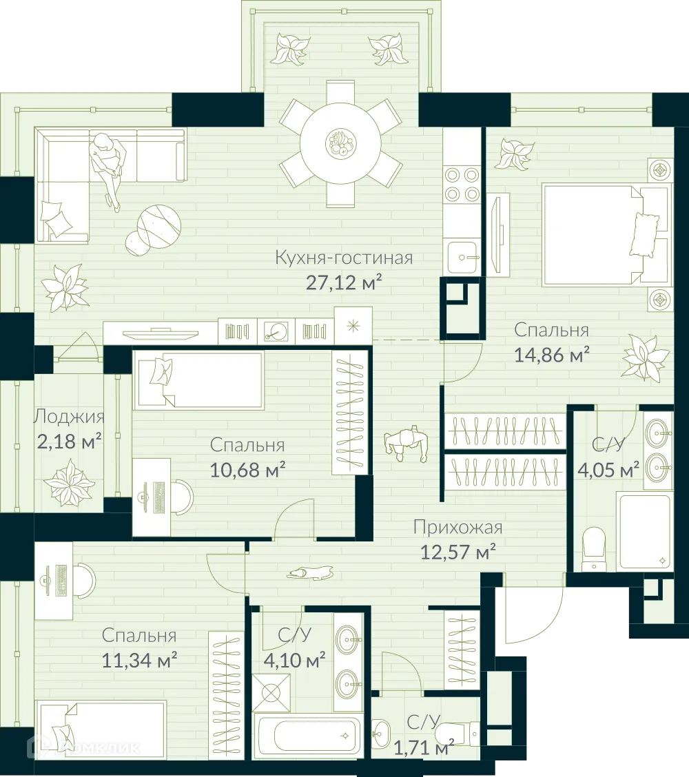 Планировка 3-комнатной квартиры 87.52 м² в ЖК URMAN Сity (Урман Сити), г. Уфа — фото 1