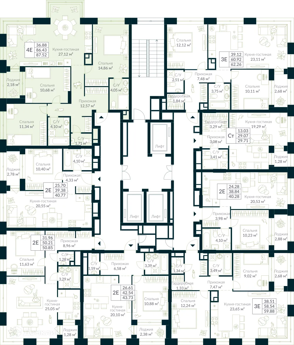 Планировка 3-комнатной квартиры 87.52 м² в ЖК URMAN Сity (Урман Сити), г. Уфа — фото 2