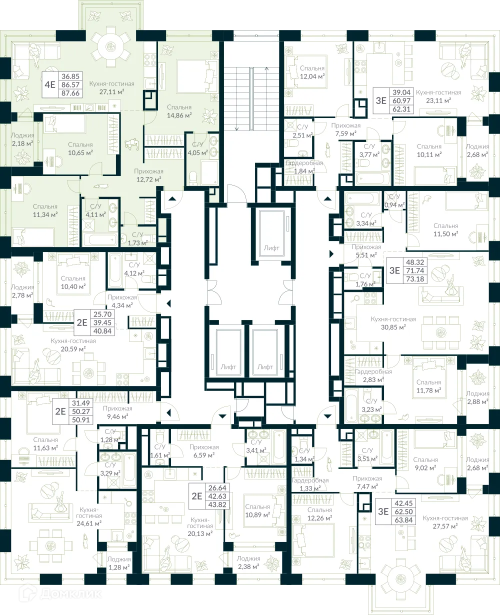 Планировка 3-комнатной квартиры 87.66 м² в ЖК URMAN Сity (Урман Сити), г. Уфа — фото 2