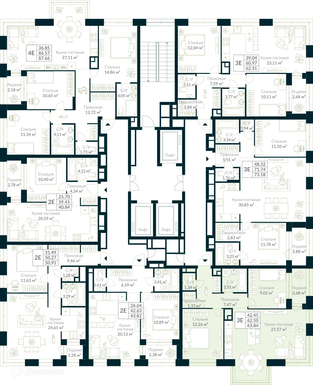 Планировка 3-комнатной квартиры 63.84 м² в ЖК URMAN Сity (Урман Сити), г. Уфа — фото 2