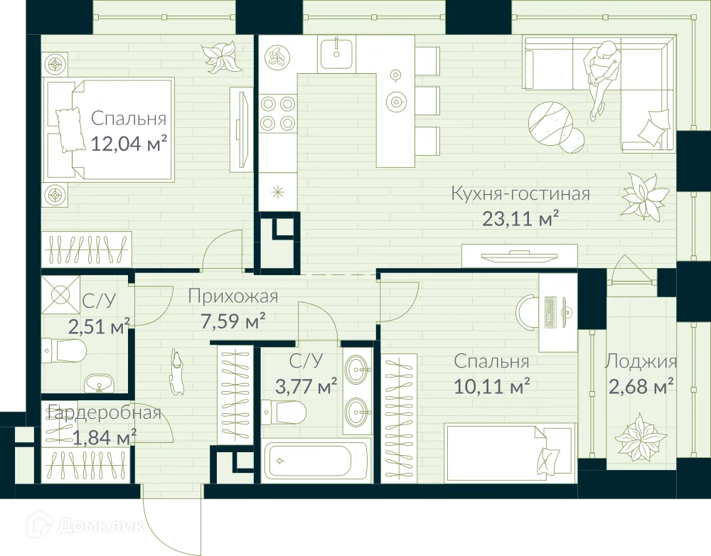 Планировка 3-комнатной квартиры 62.31 м² в ЖК URMAN Сity (Урман Сити), г. Уфа — фото 1
