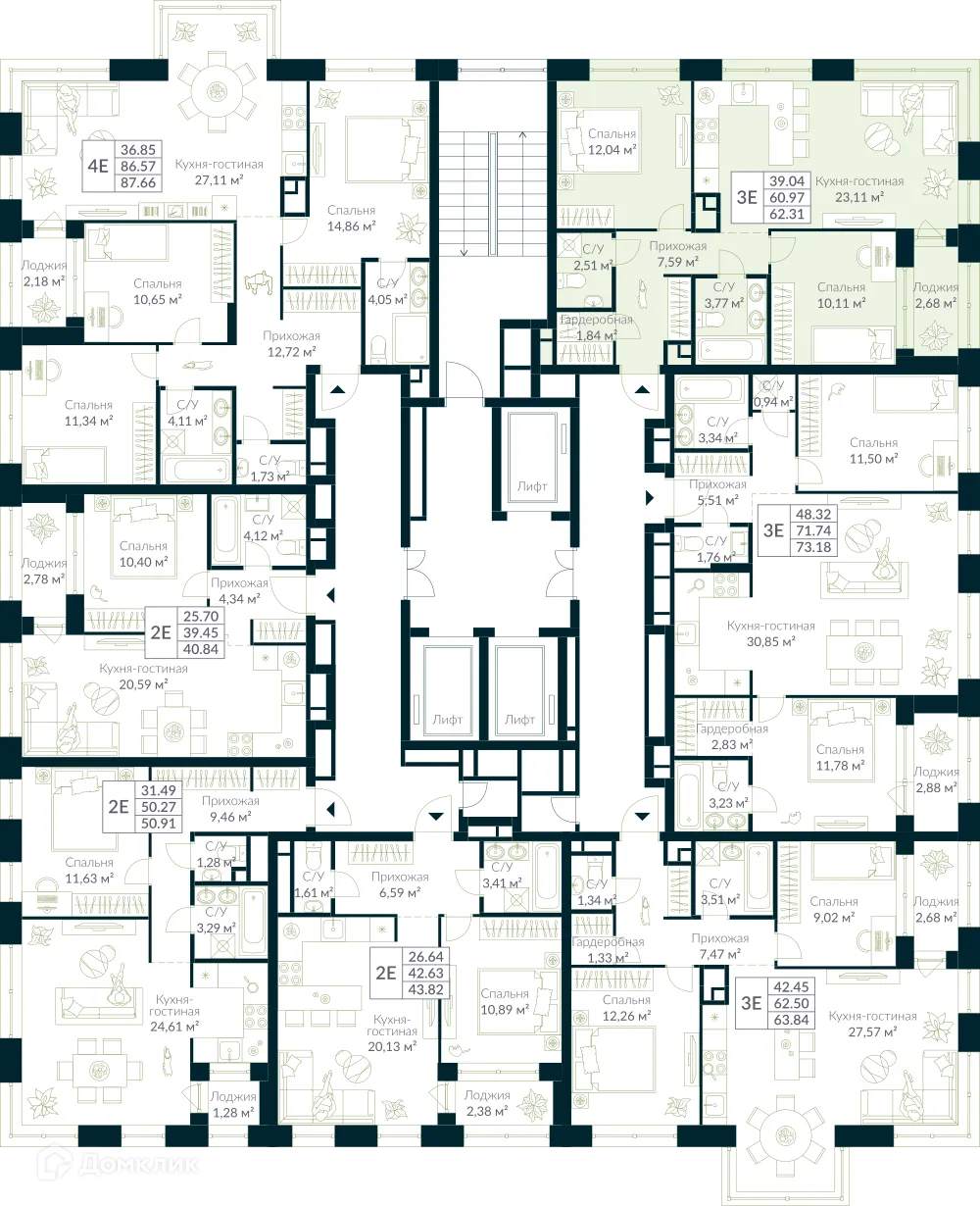 Планировка 3-комнатной квартиры 62.31 м² в ЖК URMAN Сity (Урман Сити), г. Уфа — фото 2