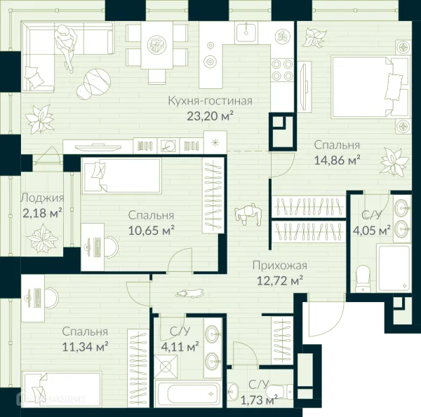 Планировка 3 комн. в ЖК URMAN Сity (Урман Сити)